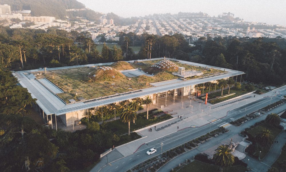 Academy,Of,Sciences,Golden,Gate,Park,Aerial,View,Golden,Hour